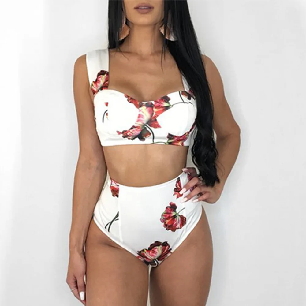 

female swimsuit fused Swimsuit tank top women Rose Print Solid Color Top Bottoms Bikini Set Swimwear beach cover up