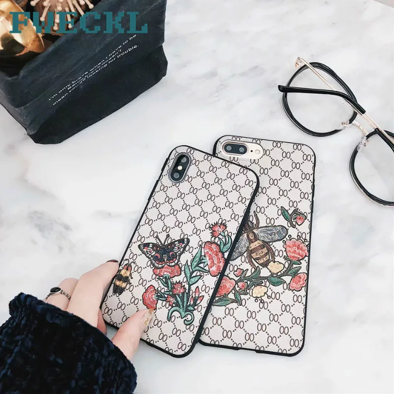 

For iPhone 7 8 Plus 6 6S Plus Luxury Embroidery Butterfly Flowers Bee Pattern Phone Case For iPhone X XS MAX XR Soft TPU Cover