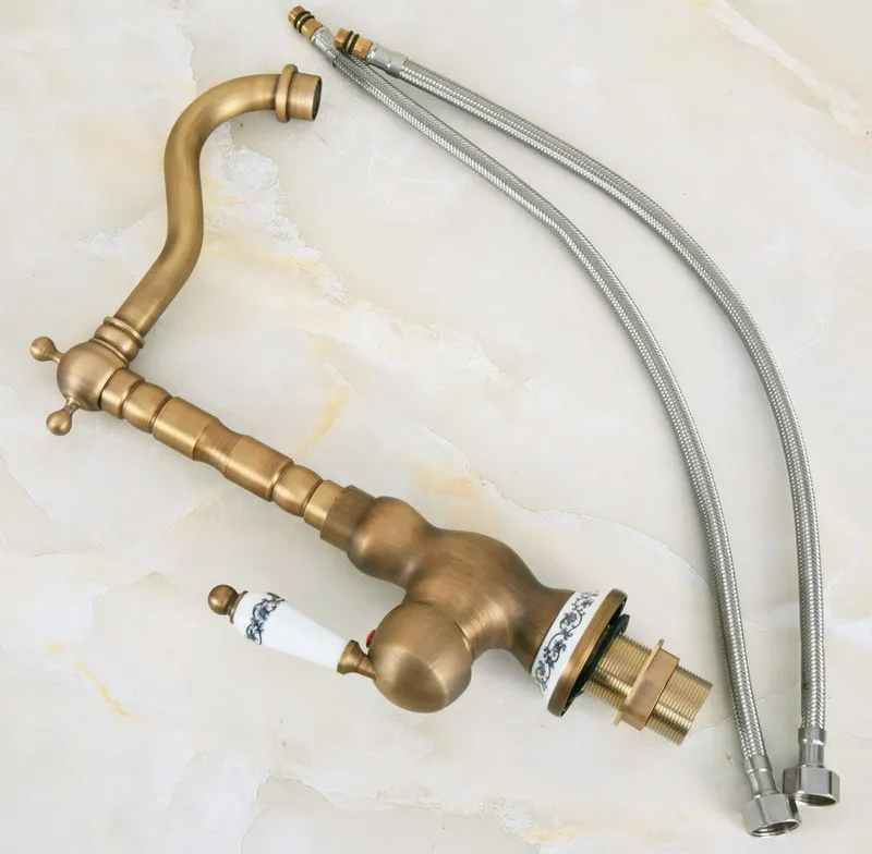 Vintage Retro Antique Brass Ceramic Base Kitchen Wet Bar Bathroom Vessel Sink Faucet Single Hole Swivel Spout Mixer Tap anf610