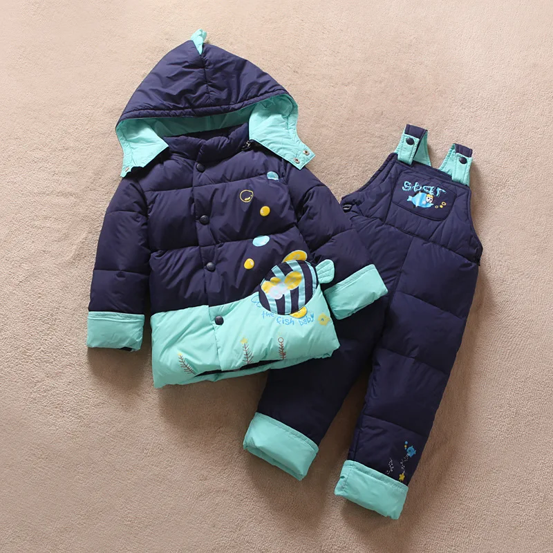 

2018 Winter Thickening and Keeping Warm Small Fish Baby Eider Jacket Suit Jacket Back Trousers Sets Boys Girls Feather coats