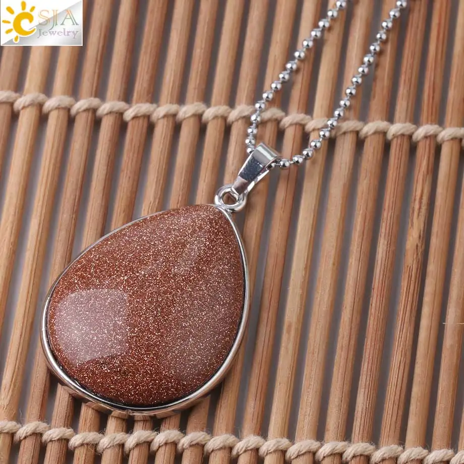 CSJA подвески из натурального камня тигровый глаз розовый кварц Фиолетовый Кристалл Lapis ОЖЕРЕЛЬЕ капли воды плоские бусины для женщин Исцеление ювелирные изделия F982 - Окраска металла: Brown Sand Necklace