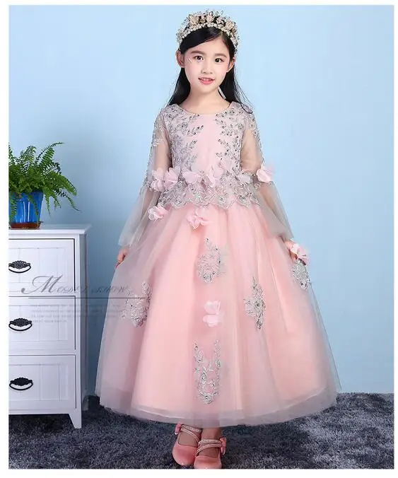 Girls Pageant Long Formal Dresses 2017 Long Sleeve Gauze Ball Gowns Flowers Girls Princess Tutu Dress Kids Party Wedding Dresses Girls Pageant Long Formal Dresses 2017 Long Sleeve Gauze Ball Gowns Flowers Girls Princess Tutu Dress Kids Party Wedding Dresses