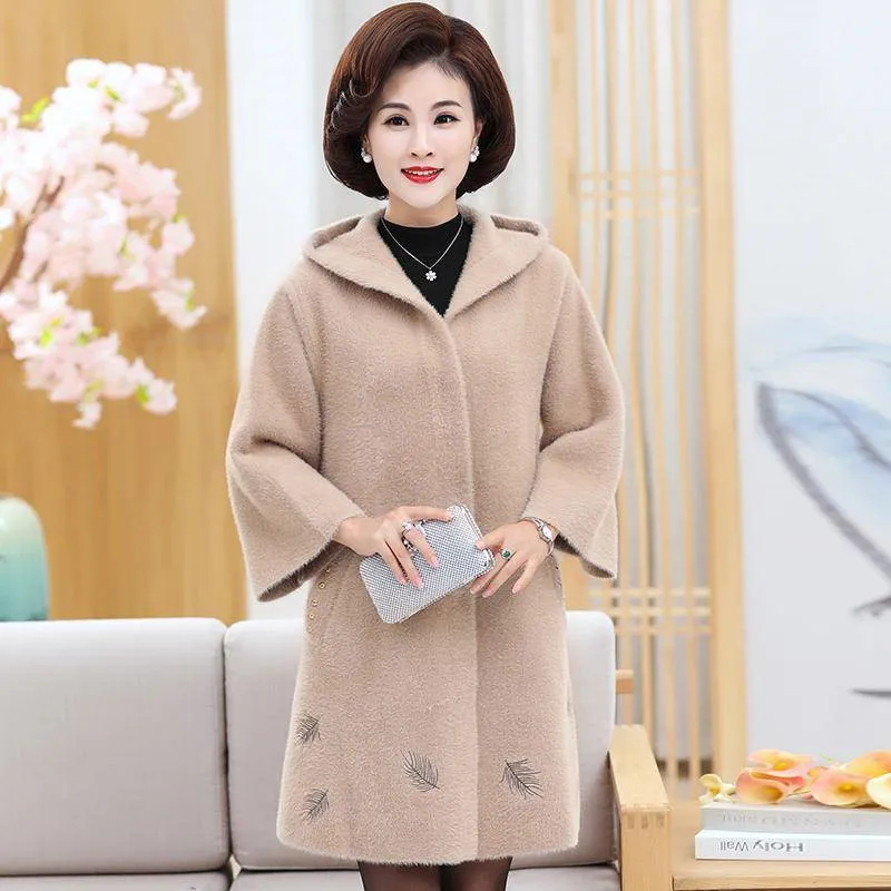 

2019 New Autumn Winter Women Loose Hooded Knit Faux Mink fur Cardigan Sweater Middle-aged Mother Embroidered Knitted Outwear X24