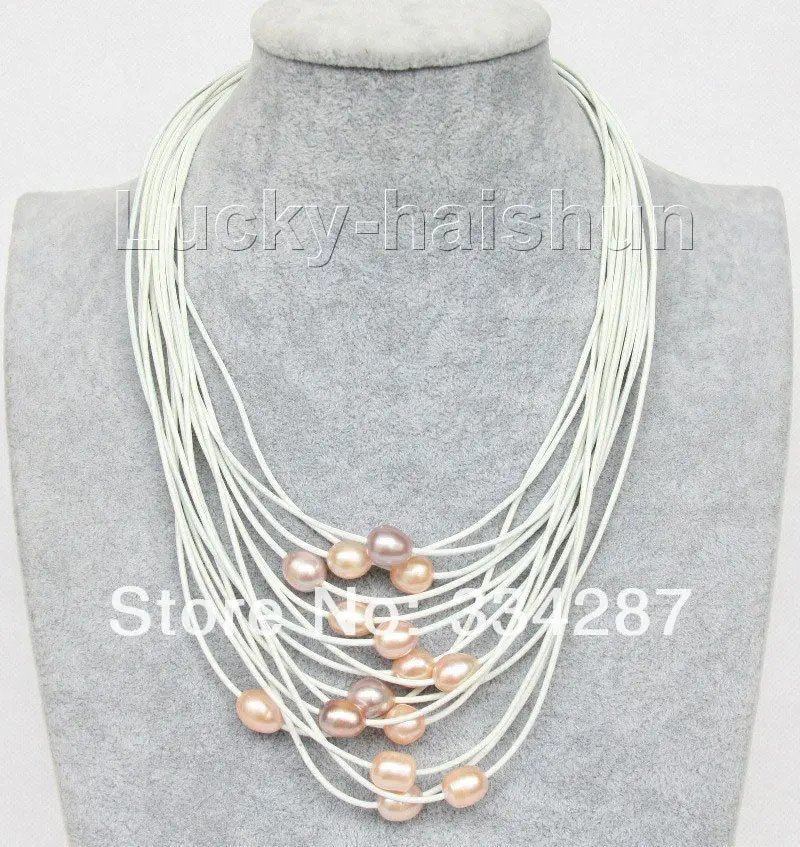 

12mm 15row pink purple pearls white leather necklace