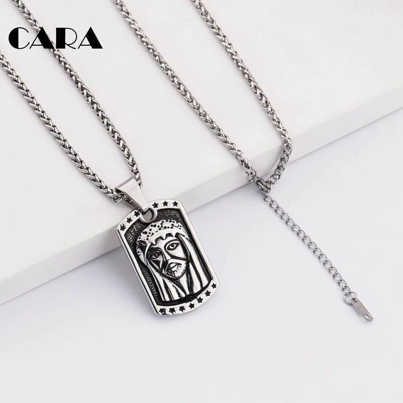 

CARA New Arrival Punk style 316L stainless steel pendant necklace Antique Jesus square tablet necklace mens jewelry CAGF0191