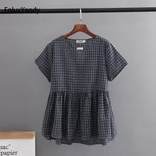 O-neck Plaid Casual Blouse Women Plus Size 3 4 XL Short Sleeve Summer Blouse Yellow Gray Black KKFY1780 O-neck Plaid Casual Blouse Women Plus Size 3 4 XL Short Sleeve Summer Blouse Yellow Gray Black KKFY1780
