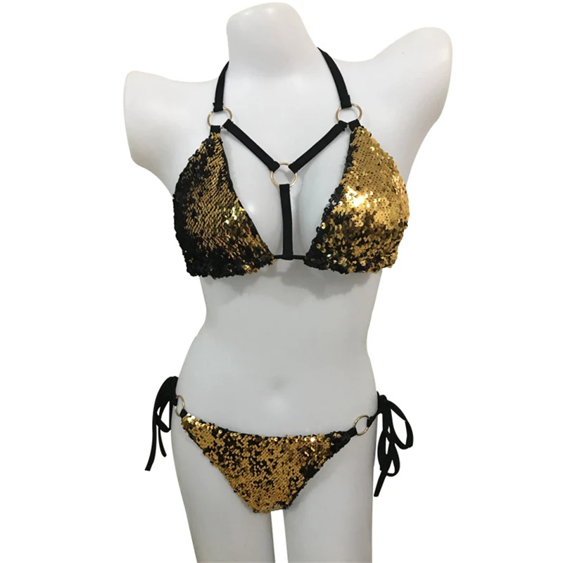 

Sexy String Women Sequin Bra Bikini Set Metal Ring Swimwear Thong Bathing Swimsuits Plus XL Biquini Halter Shiny Beachwear 2019