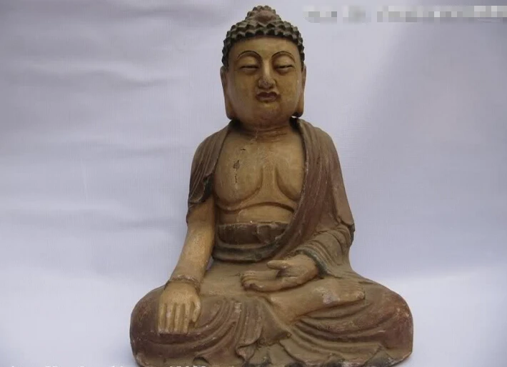 

150401 S0607 Chinese Folk Temple Old wood handwork carved Sit RuLai Sakyamuni Buddha Statue