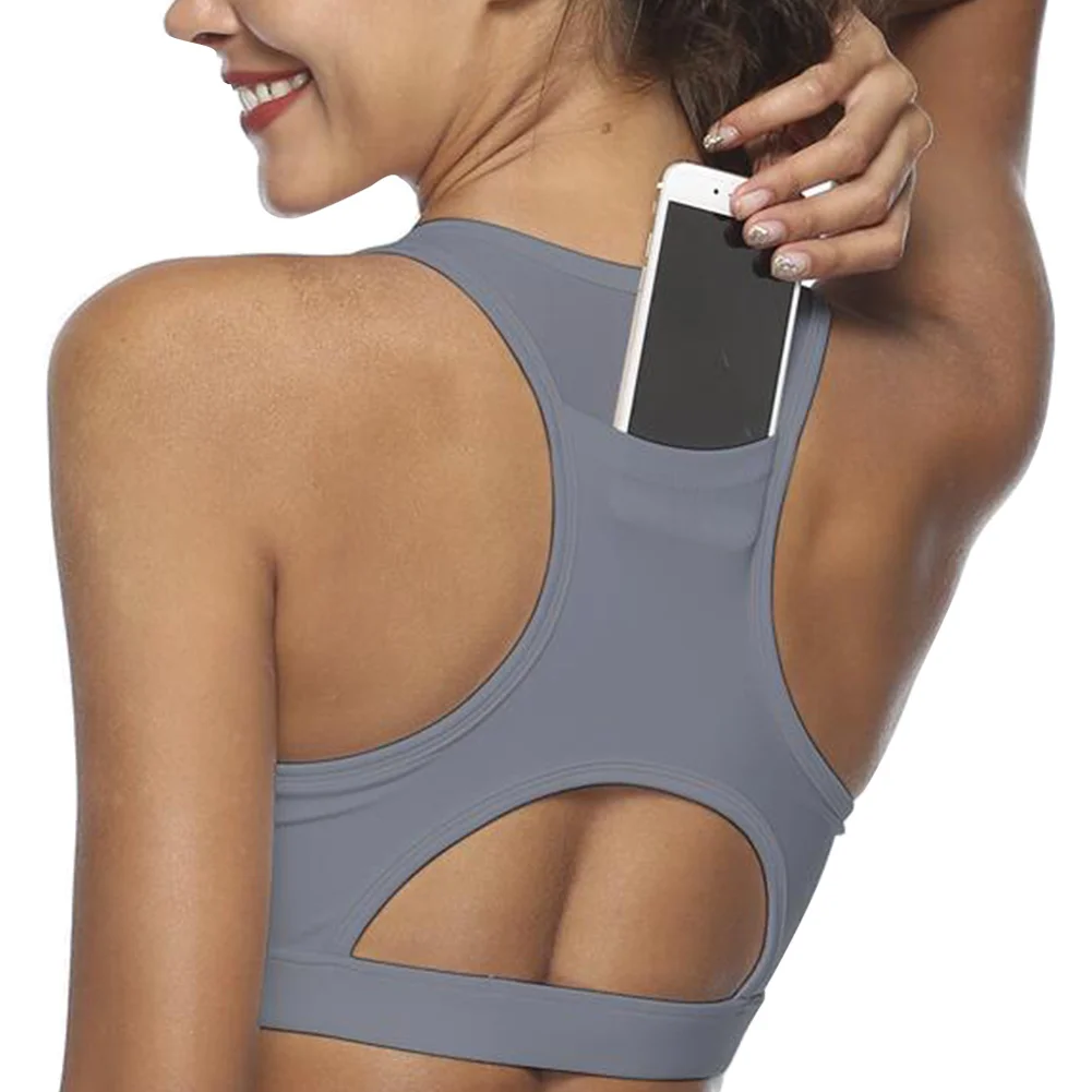 Для женщин Бег стрейч тренажерный зал Йога мягкий полые телефон карман тренировки спортивный бюстгальтер майка - Цвет: Серый