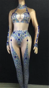 

Sparkly Crystals Jumpsuit Female Sexy Nude Color Rhinestone Stretch Bodysuit Nightclub Singer Dancer Party Celebration Wear