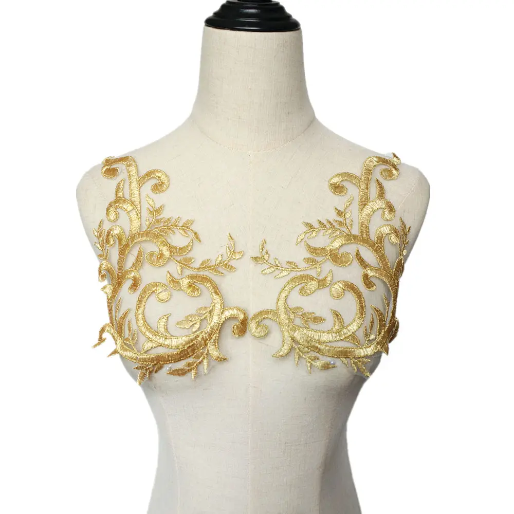 

2PCS Gold Yellow Fabric Flowers Branch Appliques Embroidered Wedding Gown Collar Mesh Sew On Patches For Dress DIY Decoration