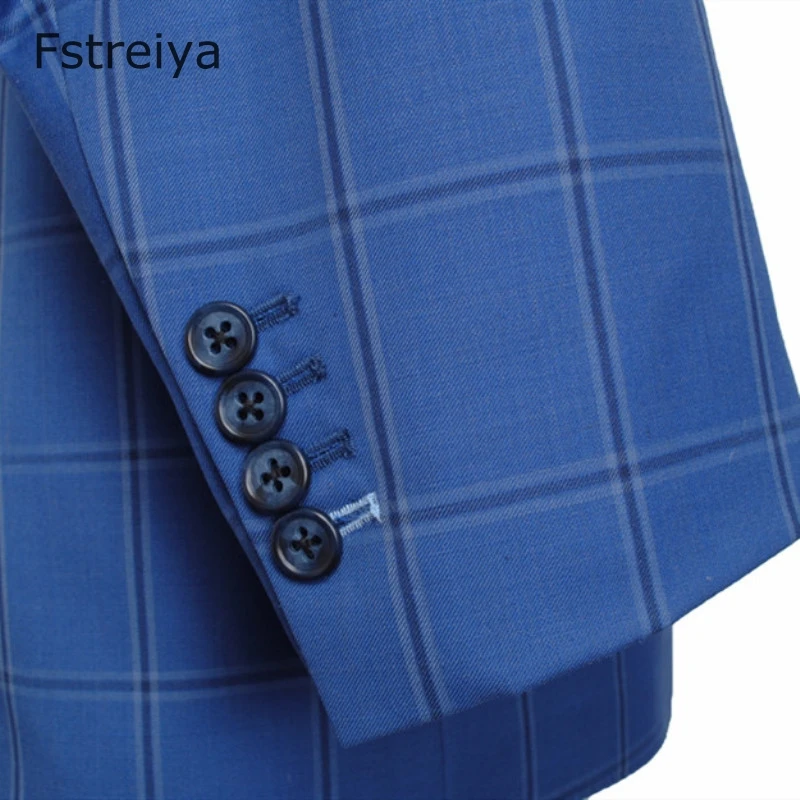Custom made mens clothing customized men slim fit suit Custom Made high quality worsted wool blue Plaid Men Suit for wedding