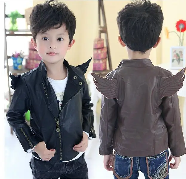 Retail autumn baby boy leather jacket black coffee long sleeve wings leather jacket kids boys