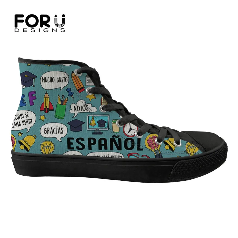 

FORUDESIGNS Flats Shoes High Top Women Sneakers Cartoon Spanish Teacher Pattern Canvas High-top Vulcanized Shoes for Ladies Flat