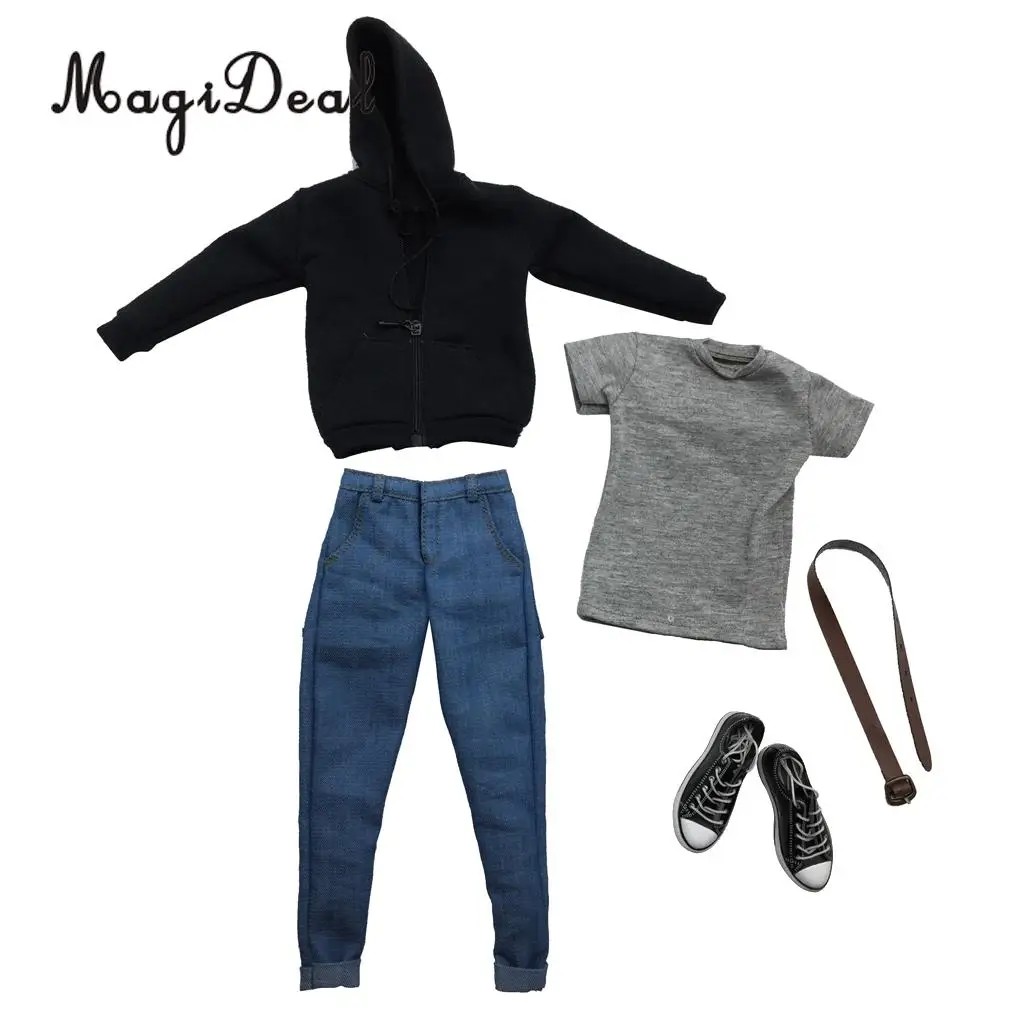 MagiDeal Hot Sale 1Set 1/6 Scale Mens Clothes Black Hoodie T-shirt Jeans Belt Canvas Shoes for 12 Inch Action Figures Model