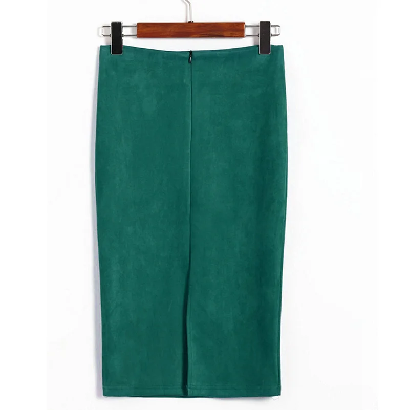 Peacock Green Saimishi сексуальные женские юбки весна осень искусственная замша Леди Мягкий Сплит Эластичный Bodycon юбка-карандаш до колена Прямая поставка - Цвет: Peacock Green
