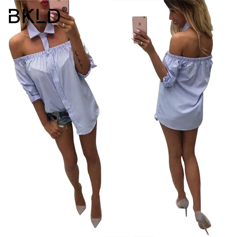 

BKLD Blue/Pink Striped Shirt Women 2018 New Autumn Halter Blouses Off Shoulders Sexy Slash Neck Ladies Tops Casual Chemise Femme