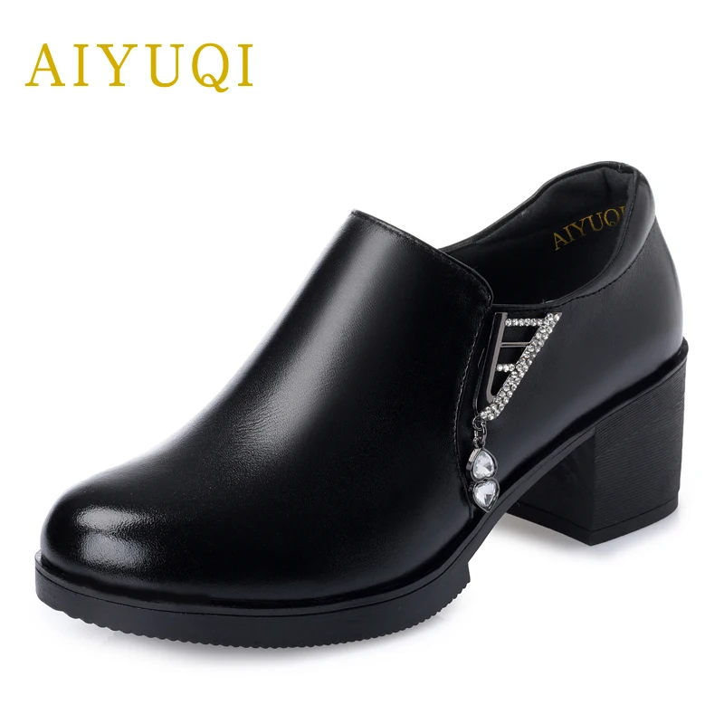 

AIYUQI 2019 new spring women genuine leather shoes deep mouth thick with rounded head plus size 41#42#43# fashion shoes female