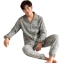 Весна хлопок Для мужчин пижамы с длинными рукавами отложной воротник печати досуг мужская домашняя одежда L-XXXL