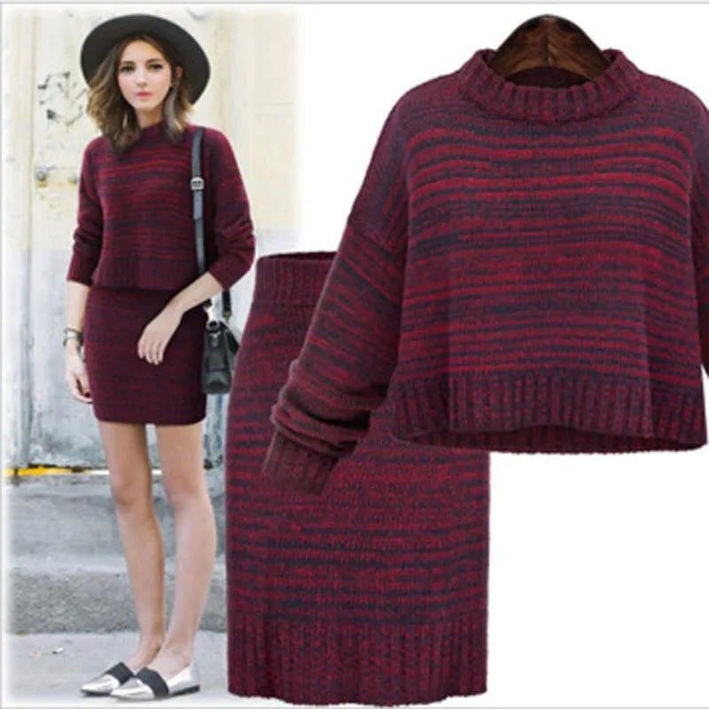 2018 New 2Pcs set Winter Knitted Sweaters& Mini Skirt 2Piece Set Lady Knitted Pullovers and 