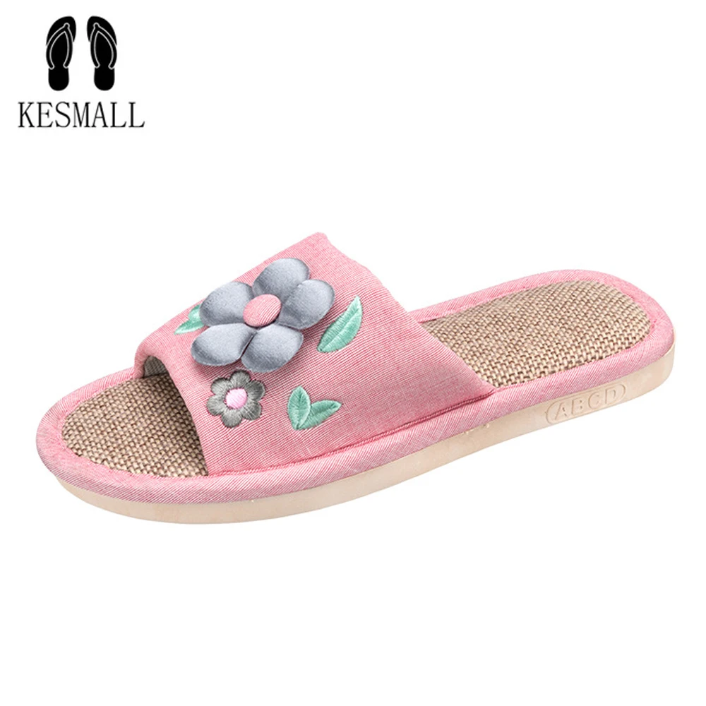 

KESMALL Flax Home Slippers 2018 New Open Toe Indoor Floor Printing Linen slipp Non-Slippers Comfortable women House Shoes WS212