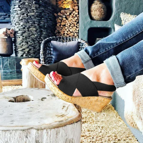 

Elastic Band Open Toe Gladiator Wedges Sandals High Back Strap Platform Ladies Sandals Rome Solid Elegant Summer Women Shoes