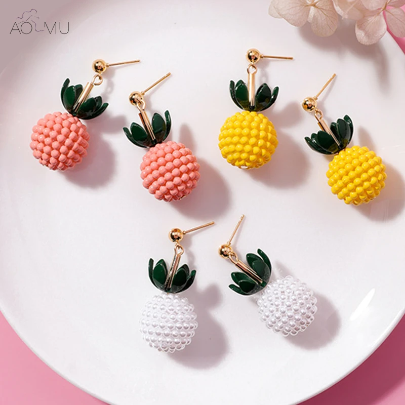 

AOMU Korean Cute Sweet New Pearl Beads Pineapple with Green Leaf Stud Earrings for Women Girl Student Gift Summer Beach Jewelry