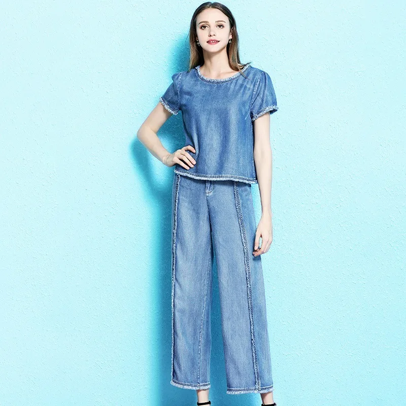 

2019 New arrival o-neck hairline tencel thin denim t-shirt and wide-leg jeans two-piece fashion women's set summer NW19B6230