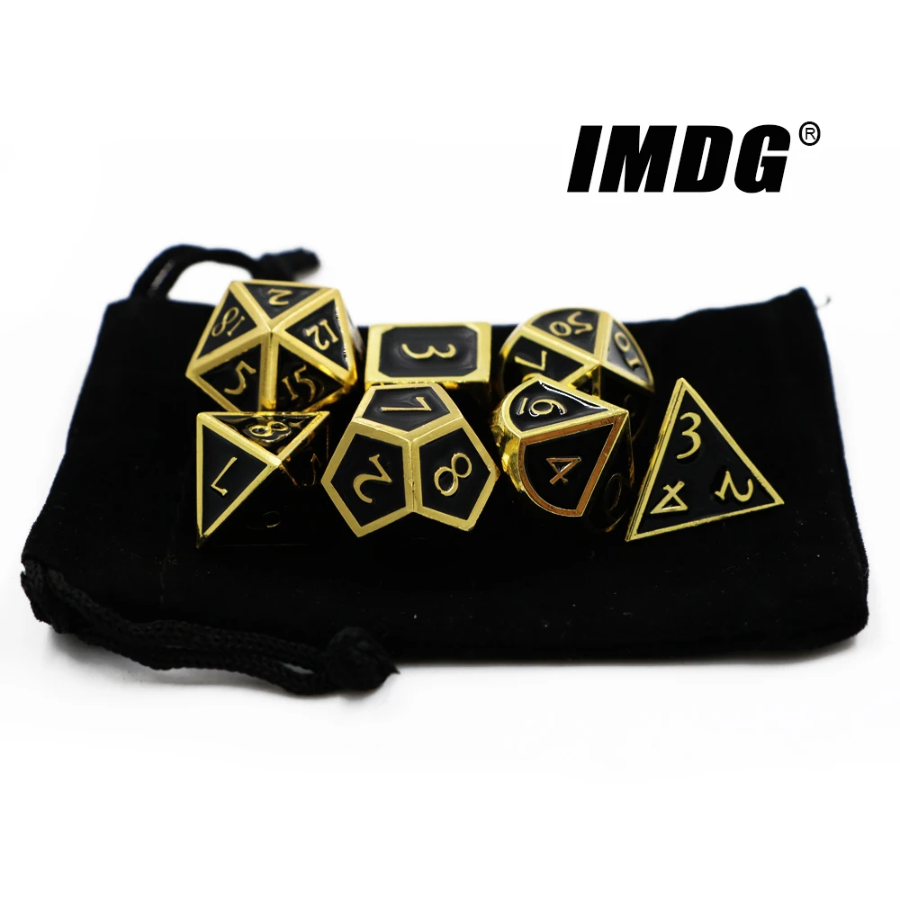 Imdg 7pcs/set Creative Rpg Game Dice Polyhedron Metal Dice Dnd New Font Enamel Gold Black Color