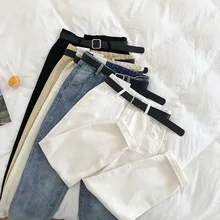 2019 Spring Women High Waist Harem Jeans Trousers With Belt High Street Women Boyfriend Denim Trousers G438 high waist jeans with belt