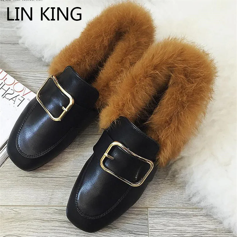 

LIN KING New Style Women Warm Winter Boots Buckle Round Toe Thick Sole Snow Boots Slip-on Solid PU Flat Low Top Work Boots