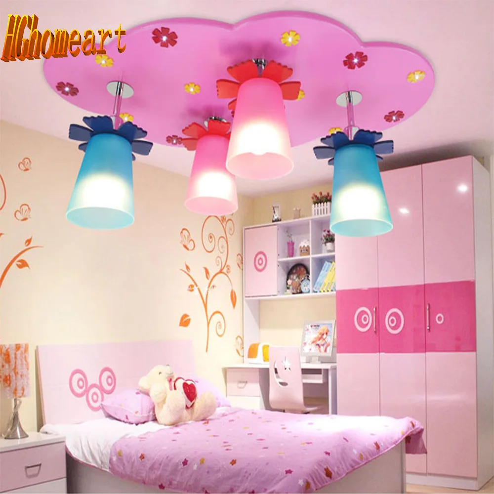 

Girl Room Pink 4 Heads Wooden Children Ceiling Lights E14 Led Bulb 110V-220V Acryli Lampshade Cartoon Led Ceiling Light Lamp