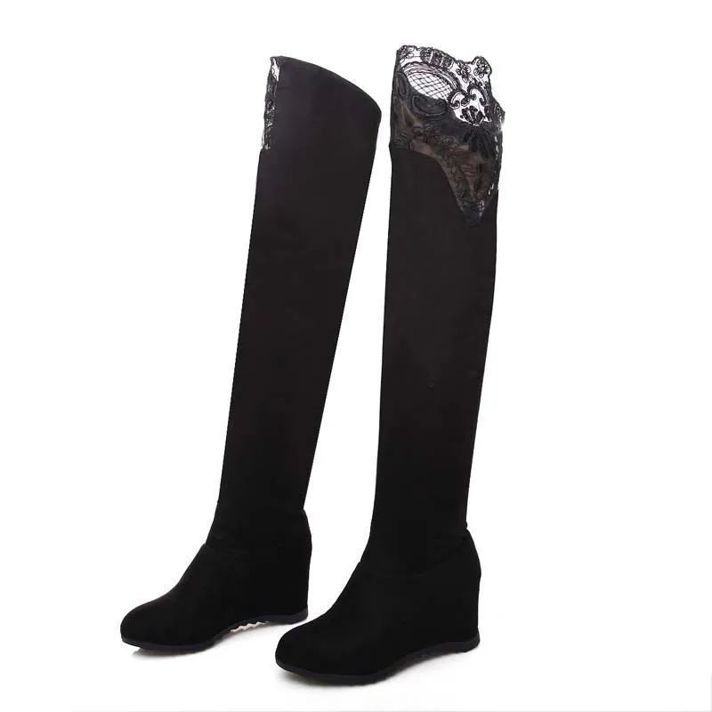 Сексуальные высокие сапоги с черными кружевными вставками с закругленным носком осенне-зимние высокие сапоги большие размеры 34–43