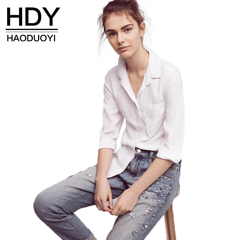 

HDY Haoduoyi 2017 Fashion White Blouses Women Turn-down Collar Single Breasted Basic Blouse Lady Casual Tassel Open Stitch Shirt