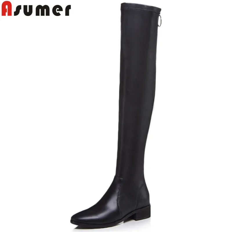 ASUMER 2018 fashion over the knee boots round toe zip med heels ladies autumn winter boots stretch fabric+cow leather boots ASUMER 2018 fashion over the knee boots round toe zip med heels ladies autumn winter boots stretch fabric+cow leather boots