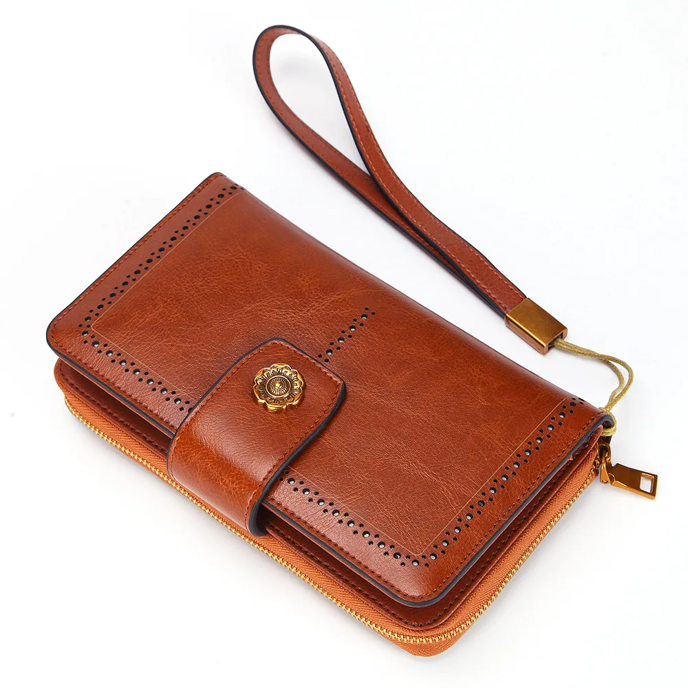 

Genuine Leather Women Standard Wallets Female Real Cow Long Zipper Wallet Retro Mobile Phone Bag Wristlet Luxury Organized Purse