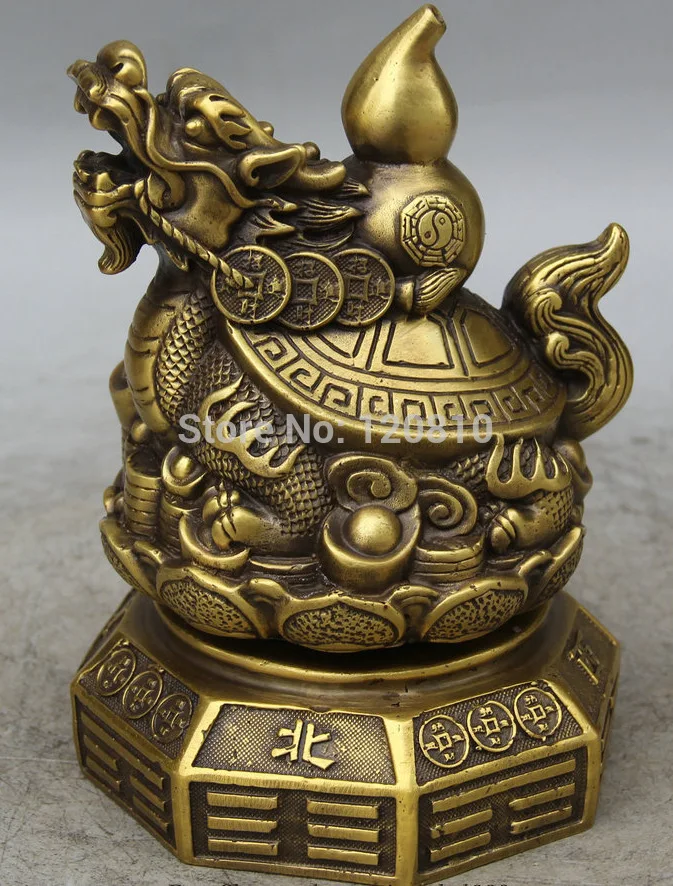 

8" Chinese Copper Wealth cucurbit Eight Diagrams Dragon tortoise Turtle Statue