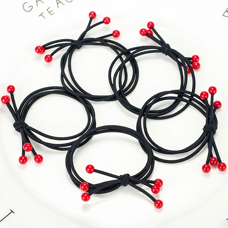 Wholesale 10 PCS New Black with Red beads Ponytail Holders Rubber Band Tie Gum Elastic Hair Band Hair Accessories For Girls (3)