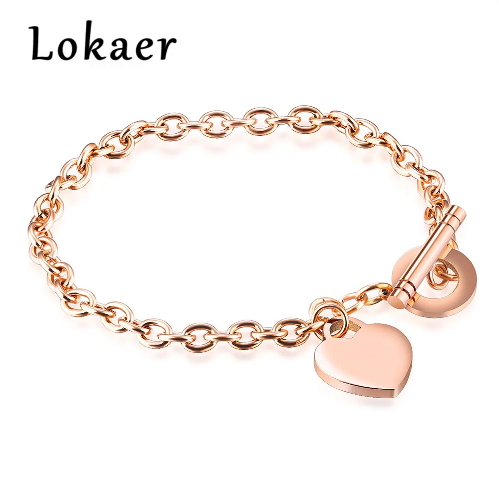 

Lokaer Cute Heart Shape Charm Bracelet For Women Rose Gold Color Stainless Steel Link & Chain Valentines Gift Girlfriend LGS847