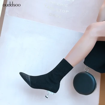 

2018 autumn and winter cats and socks boots rhinestones pointed sequinsshort boots Low heel Stretch, Knitted Boots, Female