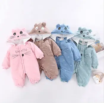 

1PC Buttons Baby Boy Cat Bow Bodysuit Soft Cotton Thick Infant Girl Outfit Jumpsuit Infant Winter Clothes with Hood