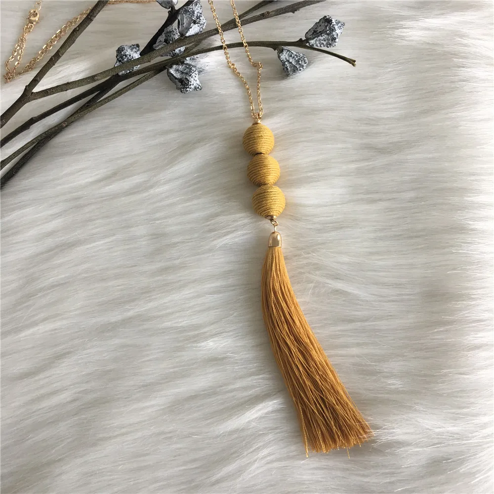 

FASHION JEWELRY GOLD COLOR PLATING MUSTARD THREAD WRAPPED BALL WITH TASSEL LONG PENDANT NECKLACE FOR WOMEN GIRL MAN