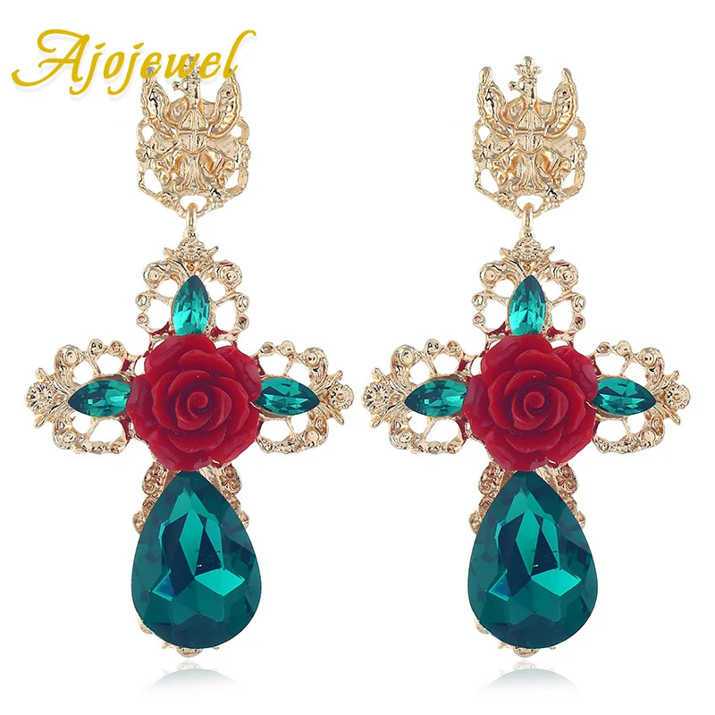 

Ajojewel Large Hanging Glass Crystals Drop Earrings For Women Red Resin Flower Retro Jewelry For Night Club