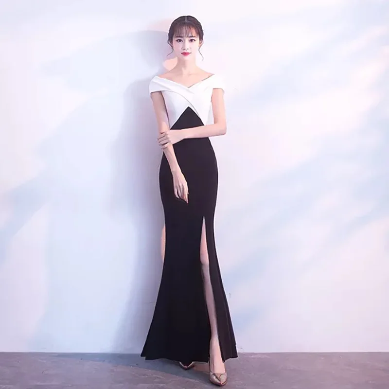D031 two tone black and white contrast color maxi bodycon dressin