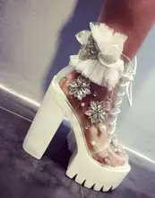 Lo nuevo transparente PVC botines hechos a mano de cristal grano de la perla tacones gruesos botas para mujer de encaje de flores plataforma con cordones botas