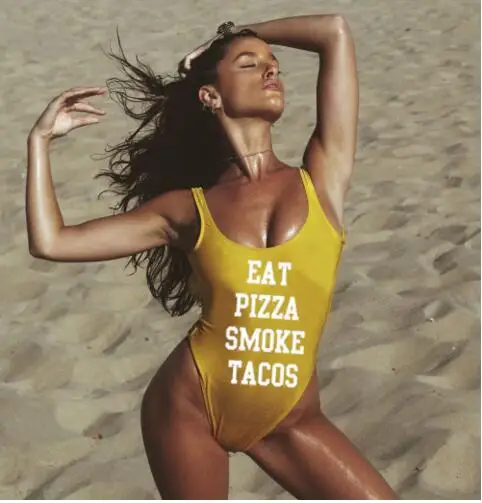 Письмо печати поесть пиццу дым tacos Купальник Женщины One Piece Купальники боди комбинезон купальный костюм спинки пляжная