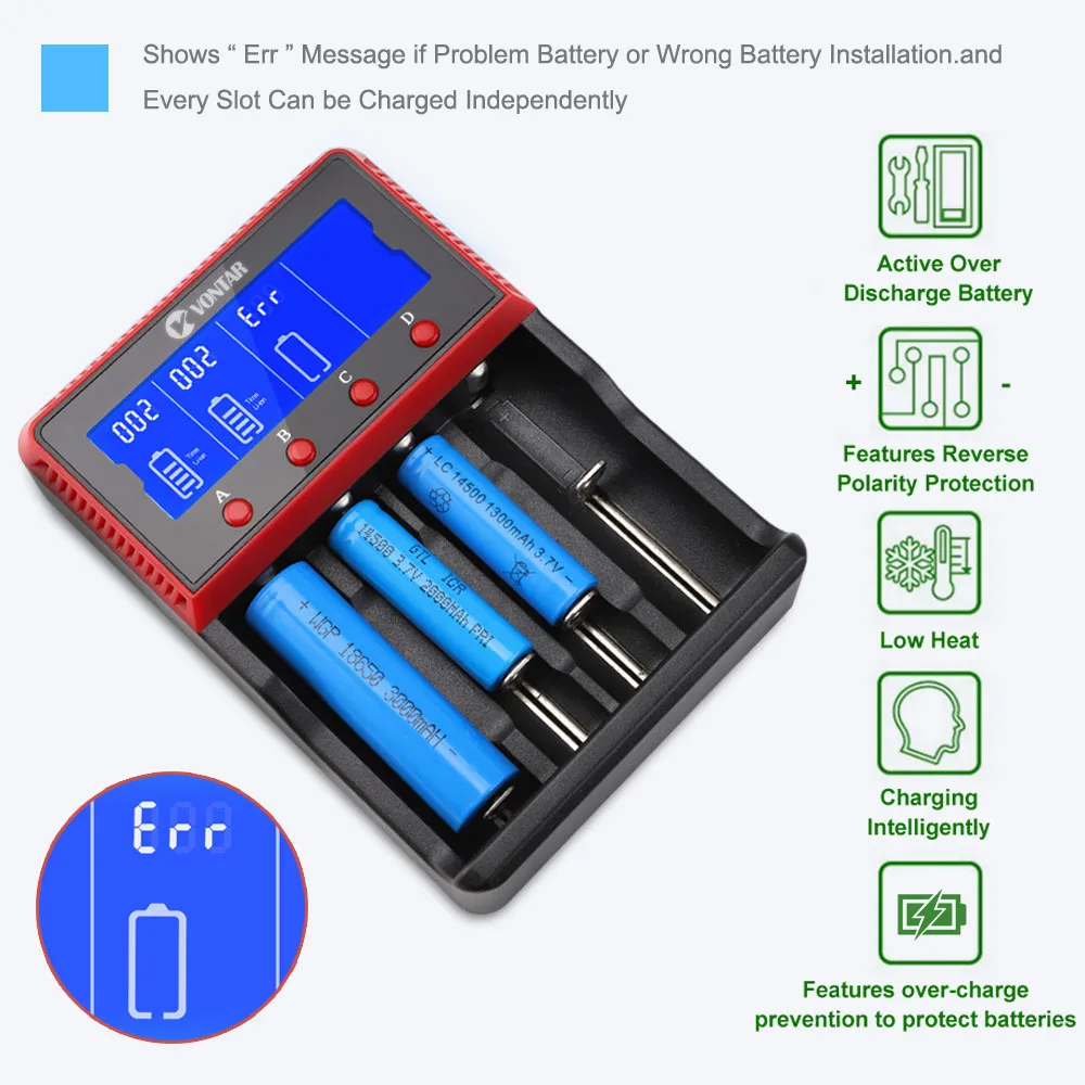 VONTAR VT4 4 слота ЖК-дисплей Батарея Зарядное устройство Перезаряжаемые Батарея для никель-металл-гидридных аккумуляторов Ni-CD LiFePo4 AA AAA 26650 14500 22650 18650 PK D4 D2