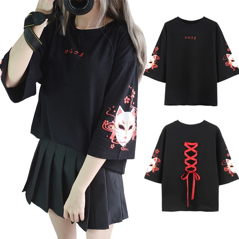 Japan Style Fox Printed Cross Ribbon T-shirt Women Girls' Three Quarter Sleeve Black Summer Tee Top Clothes Japan Style Fox Printed Cross Ribbon T-shirt Women Girls' Three Quarter Sleeve Black Summer Tee Top Clothes