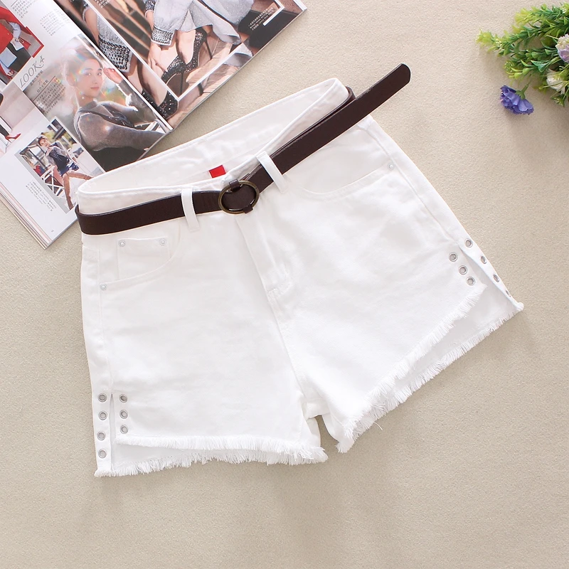 

2019 White Women's Denim Shorts Summer Irregular Bottom Broad Foot Shorts Hollow Out Tassels Solid High Waist Denim Shorts 2019