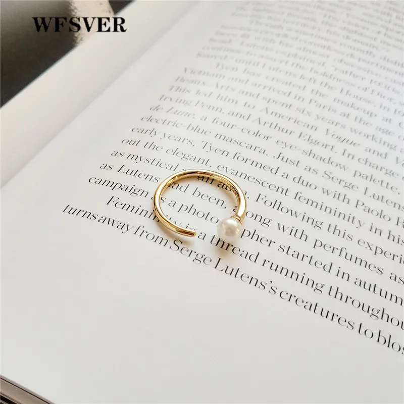 

WFSVER women gold color 925 sterling silver simple ring korea style with pearl rings opening adjustable fine jewelry gift